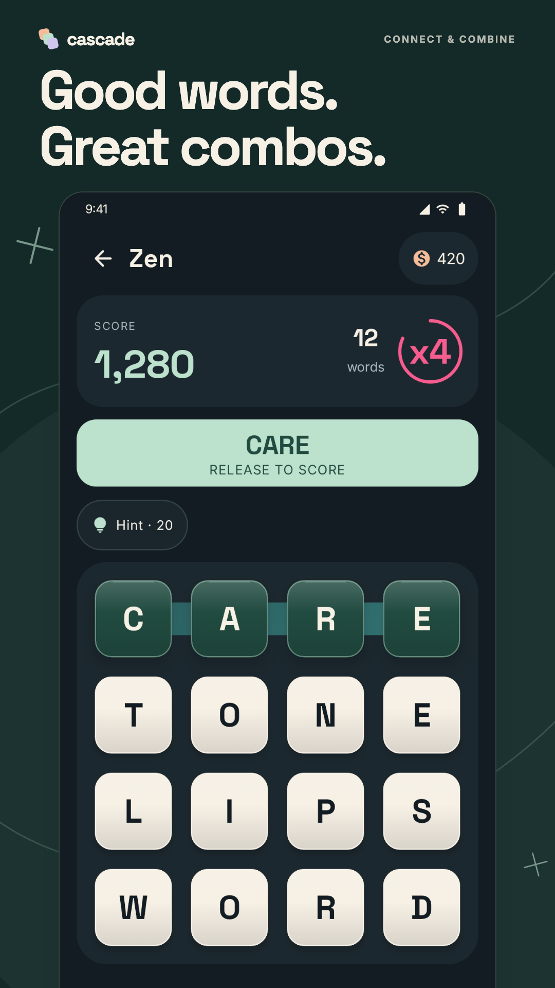 A four-word combo while tracing CARE in Zen mode